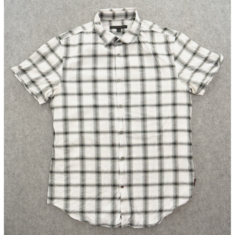 John Varvatos Shirt Mens Small White Button Up Short Sleeve Plaid Casual Cotton